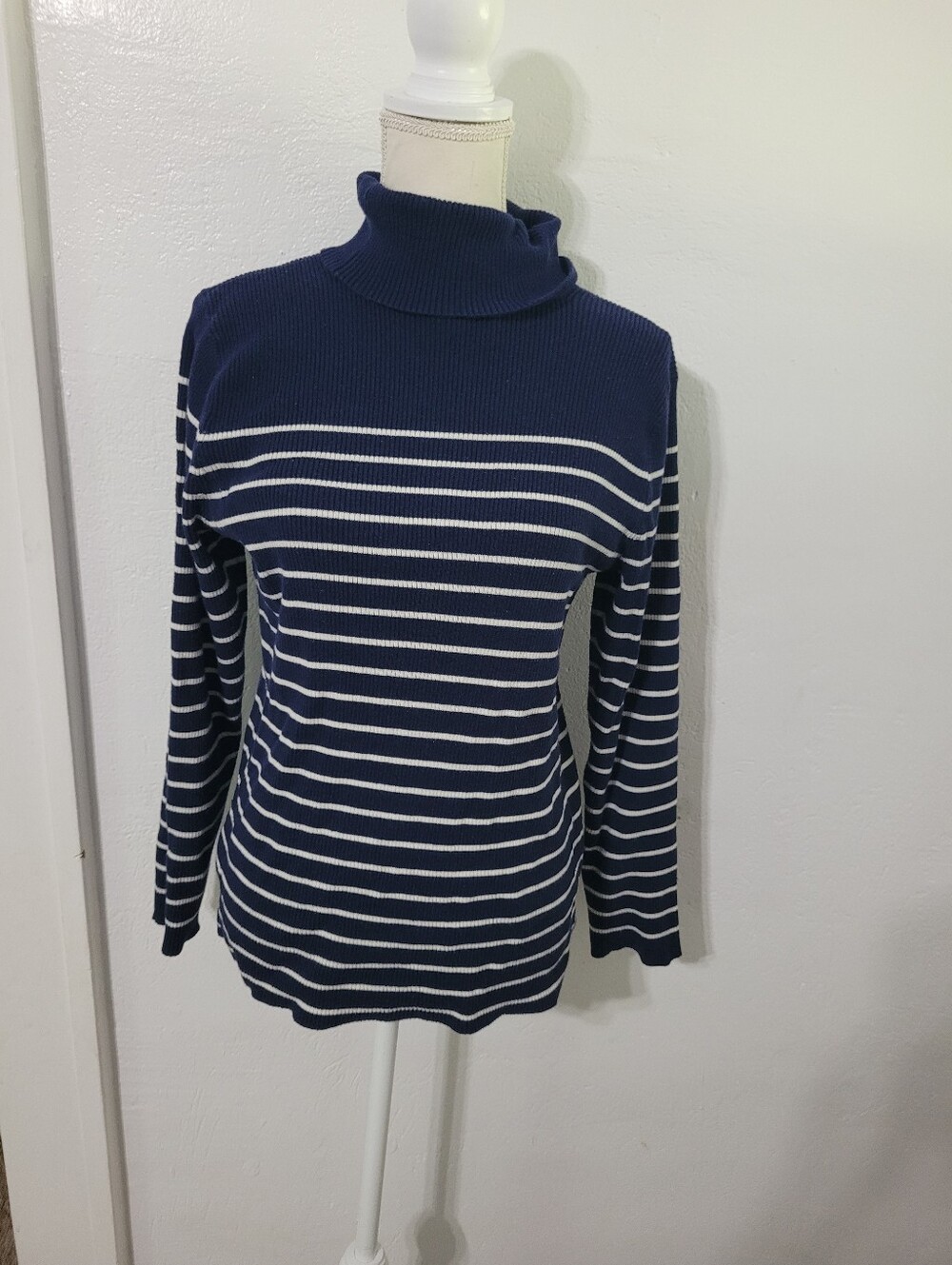 Lauren Ralph Lauren turtleneck cowlneck sweater Quiet Luxury Striped Navy White